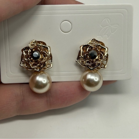 Textured Bronze Floral Stud Earrings with Faux Pearl Drop Classic Elegant - Picture 6 of 10